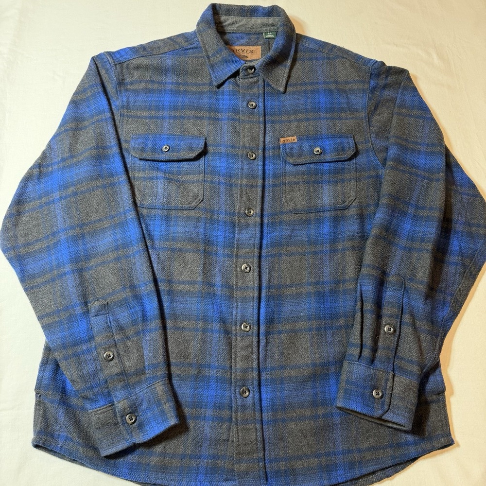 Orvis Mens Blue Gray Plaid Flannel Button Front Shirt Size Large L Shacket